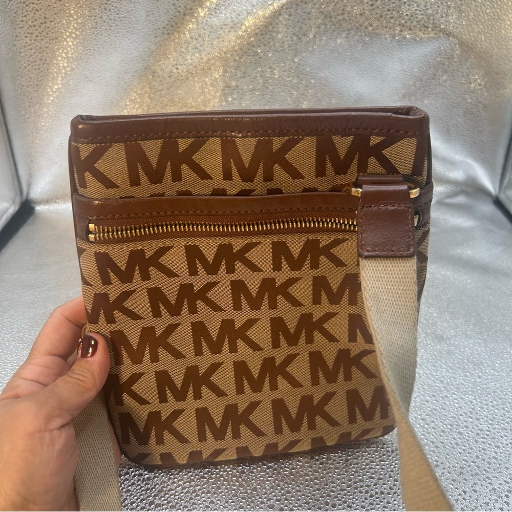 Michael Kors Tan and Brown MK Monogram Crossbody